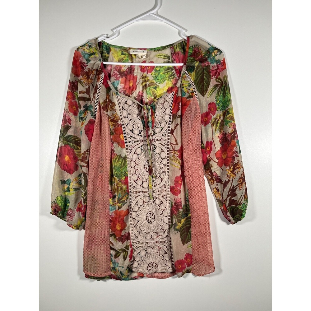 Meadow Rue Anthropologie Key-Hole Peasant Blouse Beige w/Multicolor Floral Sz S